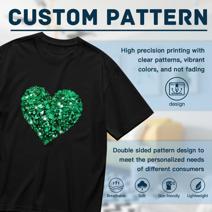Sparkly Green Glitter Heart Black Base Plus Size Women Printed T-Shirt