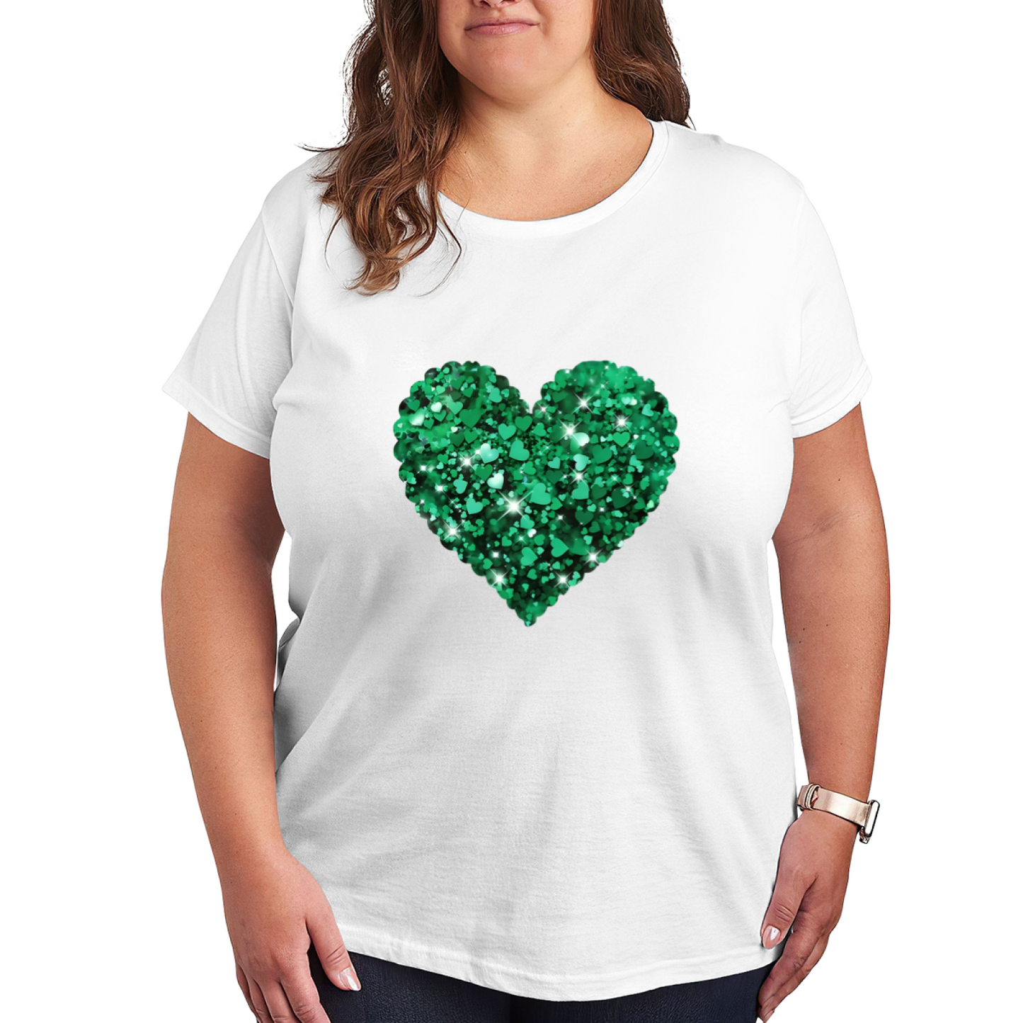 Sparkly Green Glitter Heart Black Base Plus Size Women Printed T-Shirt