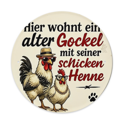 Dapper Rooster & Hen German Quote Round Tin Sign Farmhouse Funny Wall Art