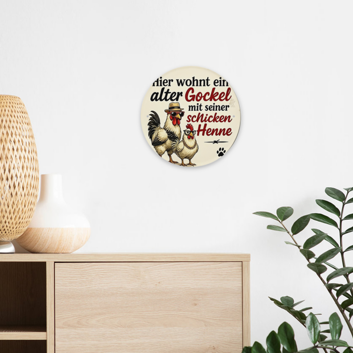 Dapper Rooster & Hen German Quote Round Tin Sign Farmhouse Funny Wall Art