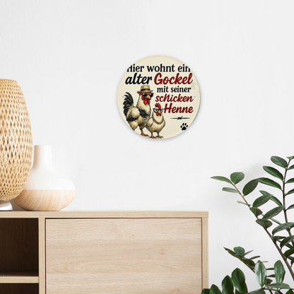 Dapper Rooster & Hen German Quote Round Tin Sign Farmhouse Funny Wall Art