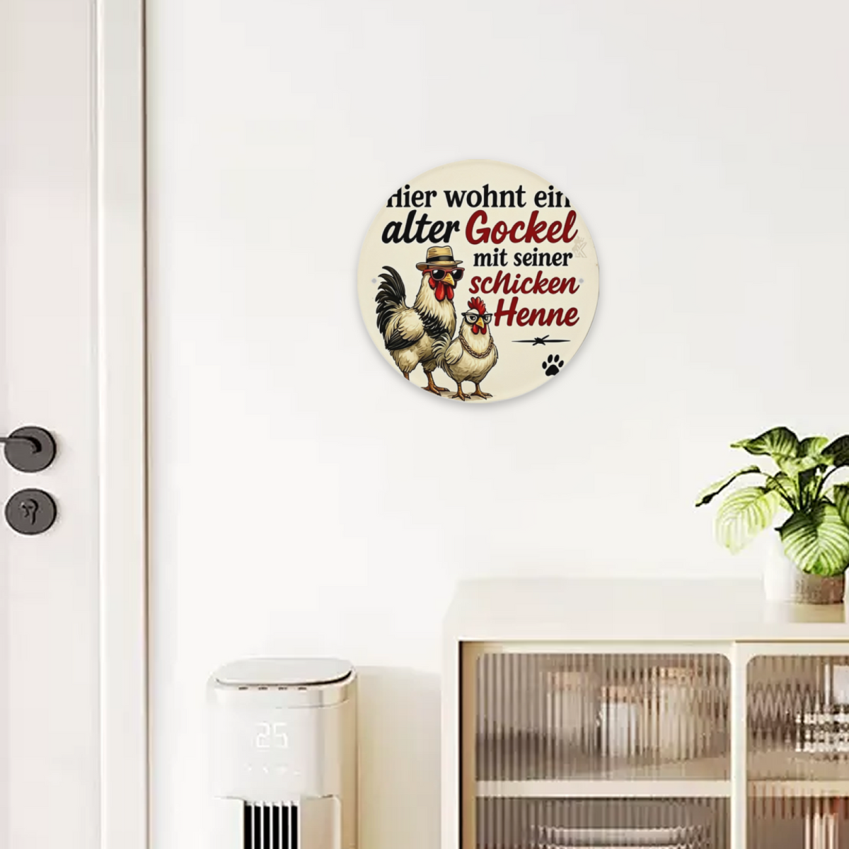 Dapper Rooster & Hen German Quote Round Tin Sign Farmhouse Funny Wall Art