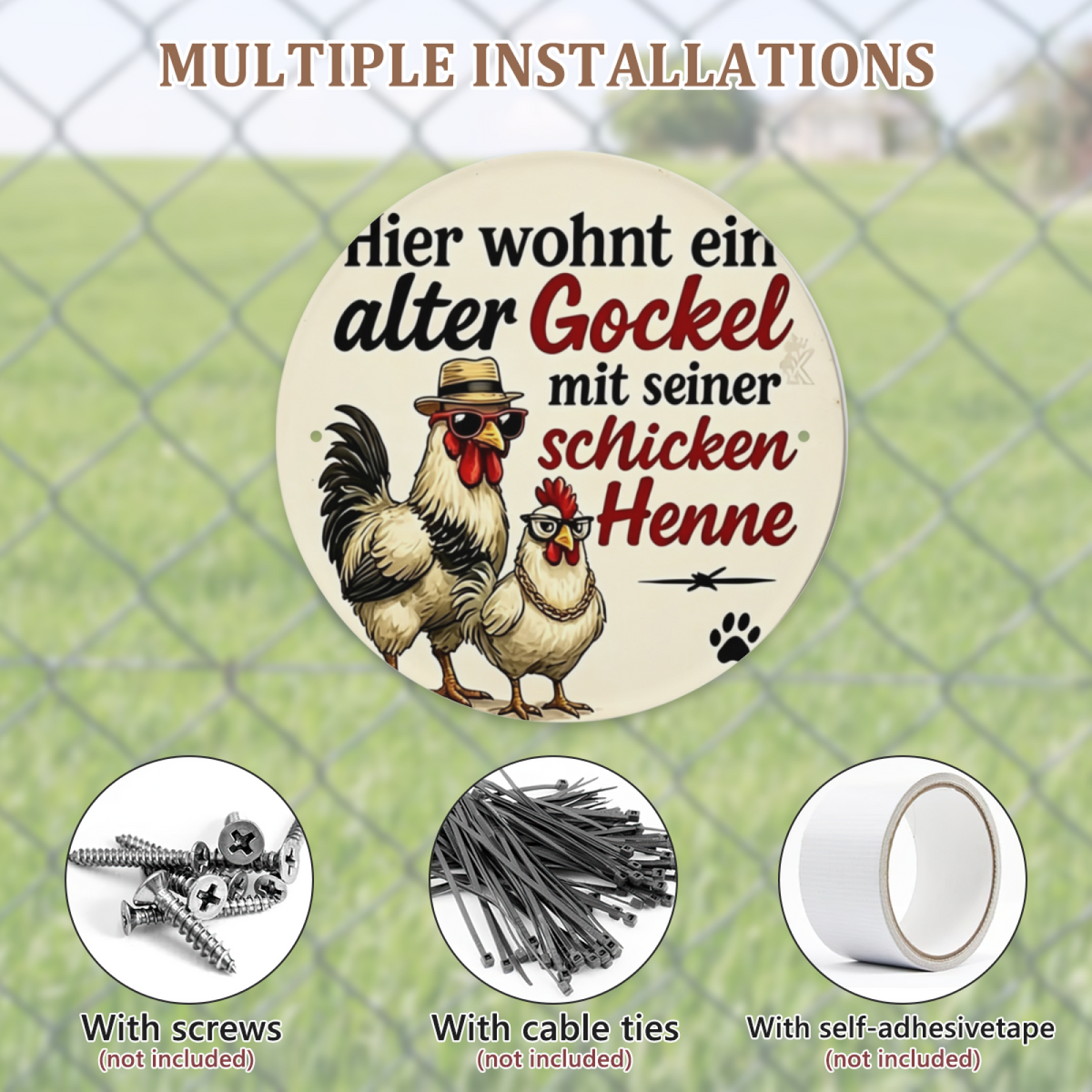 Dapper Rooster & Hen German Quote Round Tin Sign Farmhouse Funny Wall Art