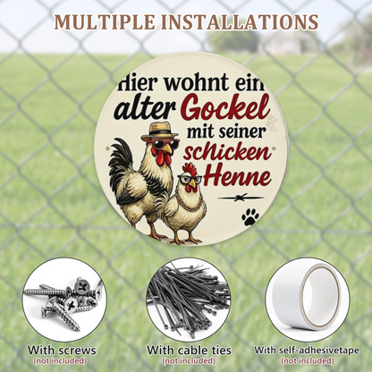 Dapper Rooster & Hen German Quote Round Tin Sign Farmhouse Funny Wall Art