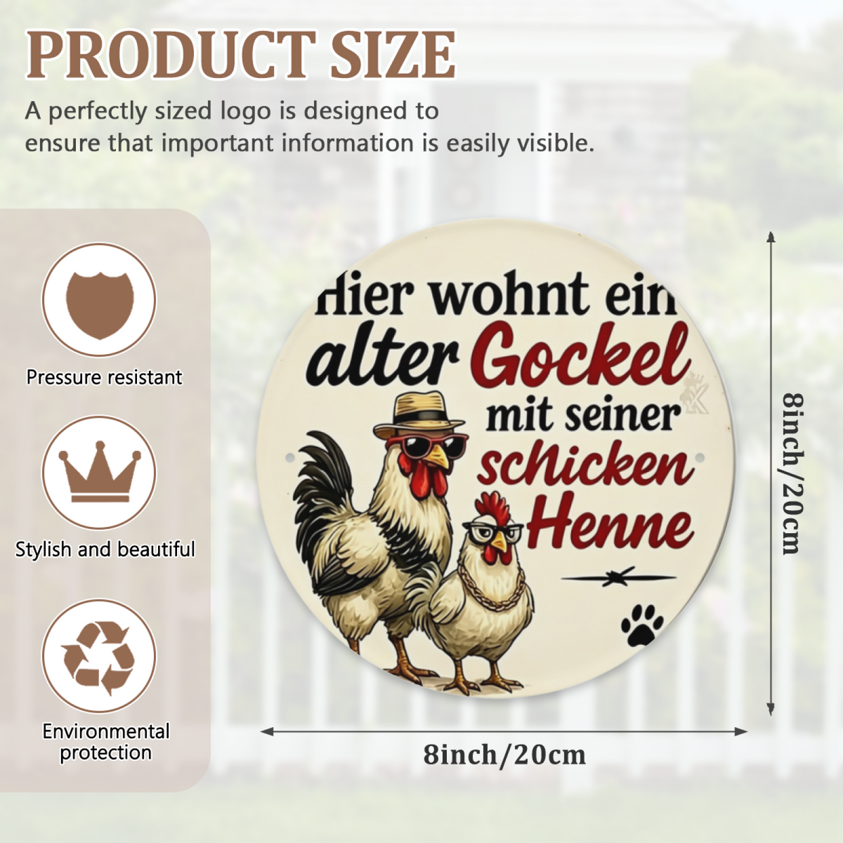 Dapper Rooster & Hen German Quote Round Tin Sign Farmhouse Funny Wall Art