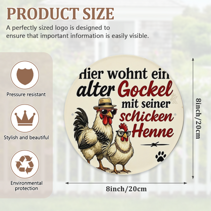 Dapper Rooster & Hen German Quote Round Tin Sign Farmhouse Funny Wall Art