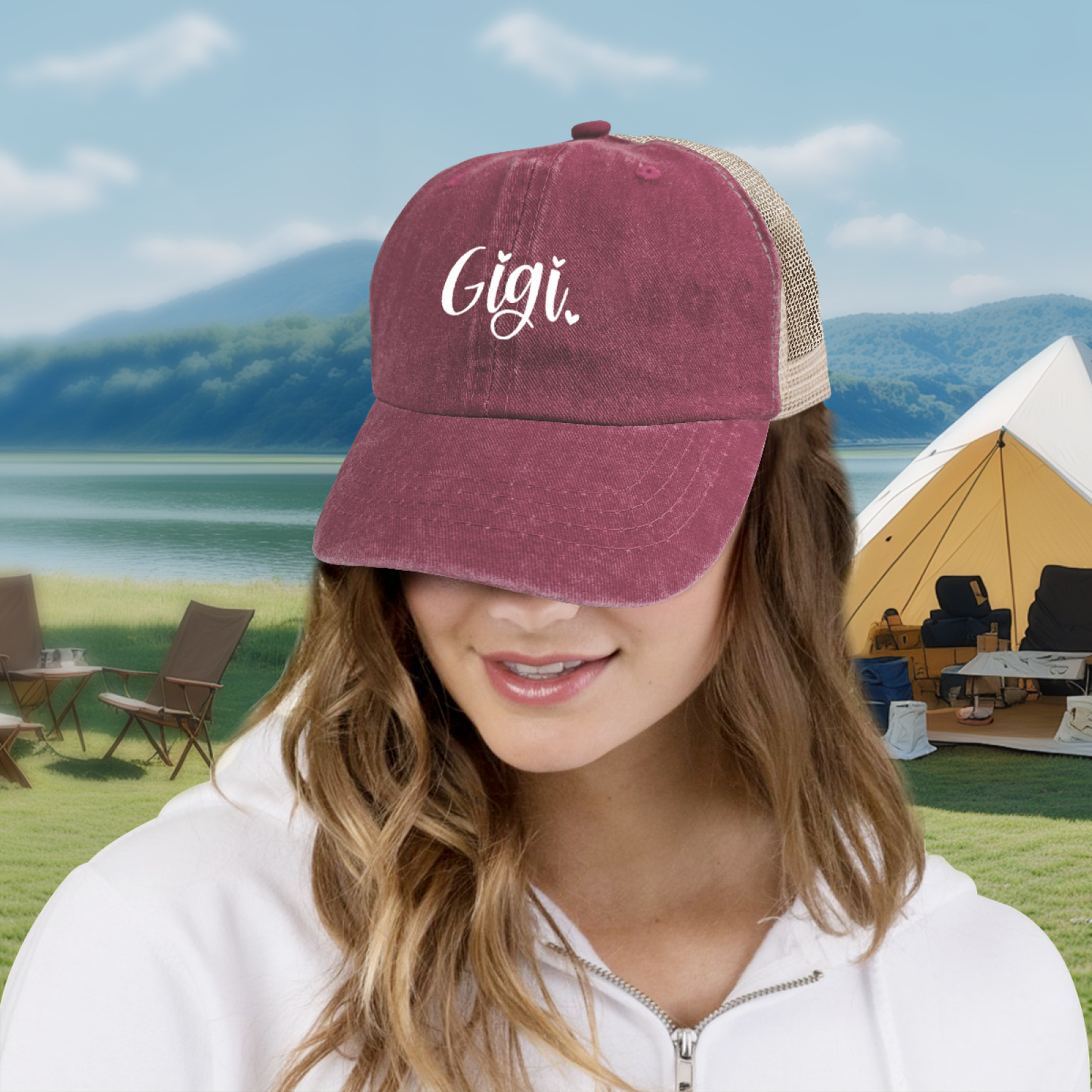 Cute Gigi Script Maroon Washed Mesh Trucker Hat, Grandma Life Retro Distressed Mesh Cap