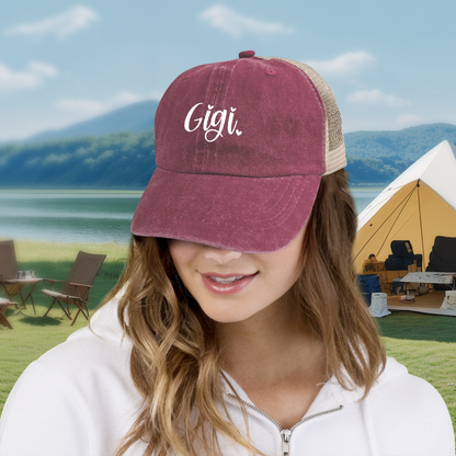 Cute Gigi Script Maroon Washed Mesh Trucker Hat, Grandma Life Retro Distressed Mesh Cap