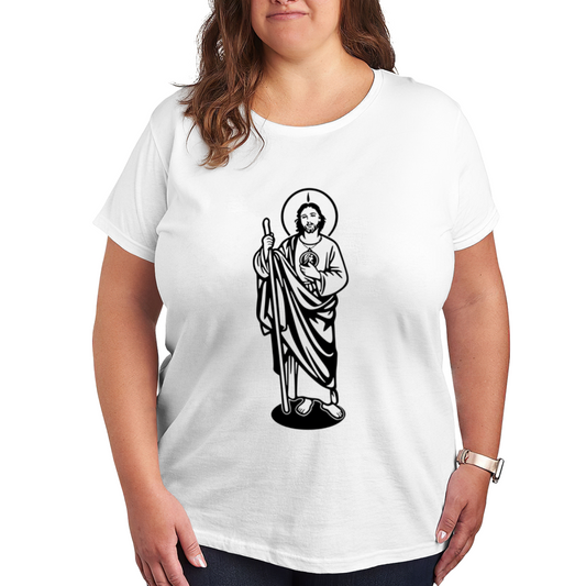 Minimal Black Line Art San Judas Tadeo Faith Plus Size Women's Printed T-Shirt