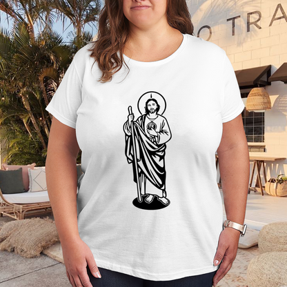 Minimal Black Line Art San Judas Tadeo Faith Plus Size Women's Printed T-Shirt