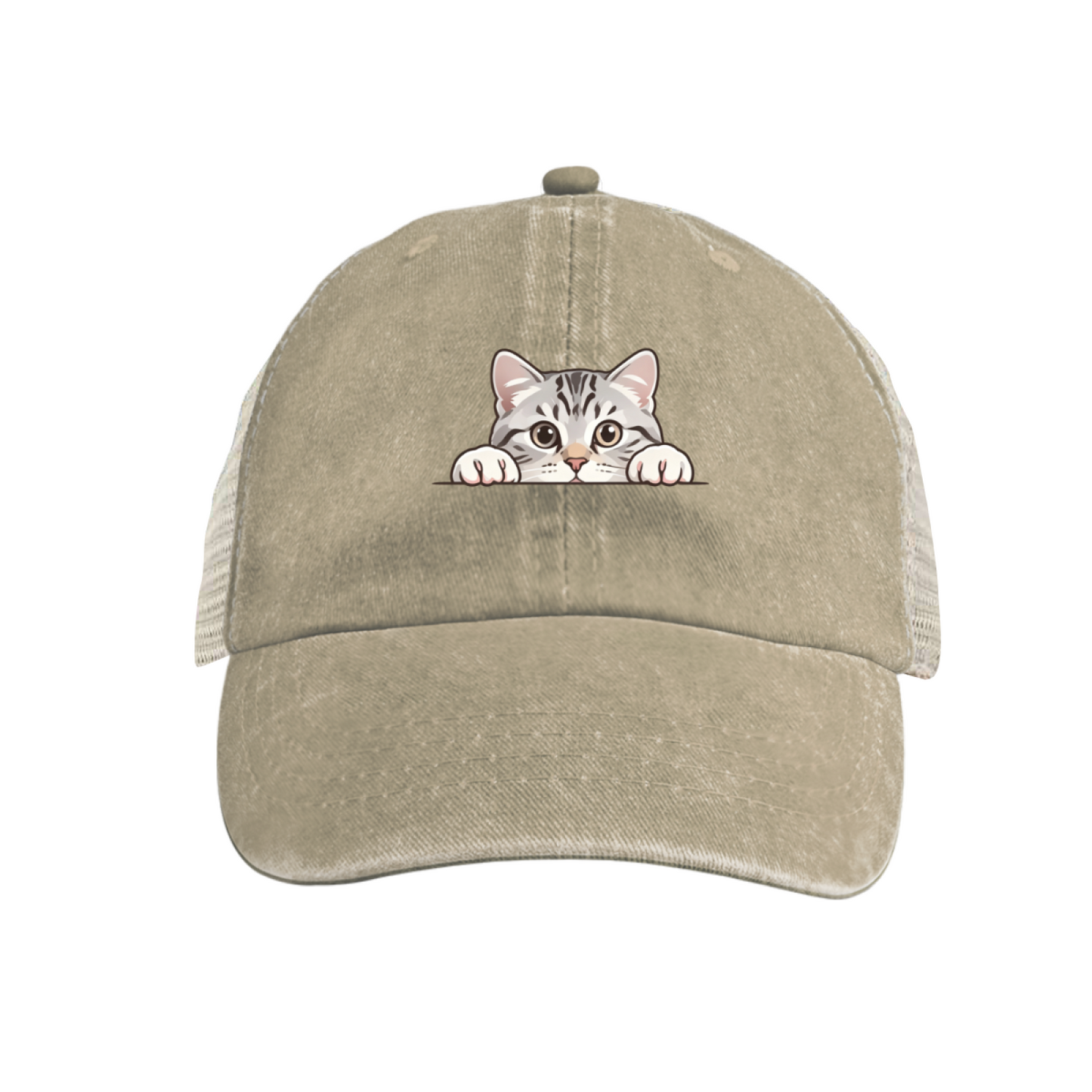 Peeking Tabby Cat Cute Cartoon Mustard Yellow Washed Mesh Trucker Hat, Pet Lover Casual Vintage Cap