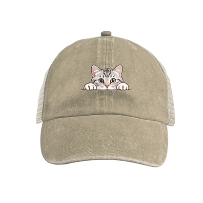 Peeking Tabby Cat Cute Cartoon Mustard Yellow Washed Mesh Trucker Hat, Pet Lover Casual Vintage Cap