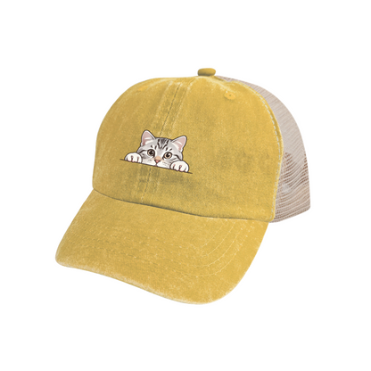 Peeking Tabby Cat Cute Cartoon Mustard Yellow Washed Mesh Trucker Hat, Pet Lover Casual Vintage Cap