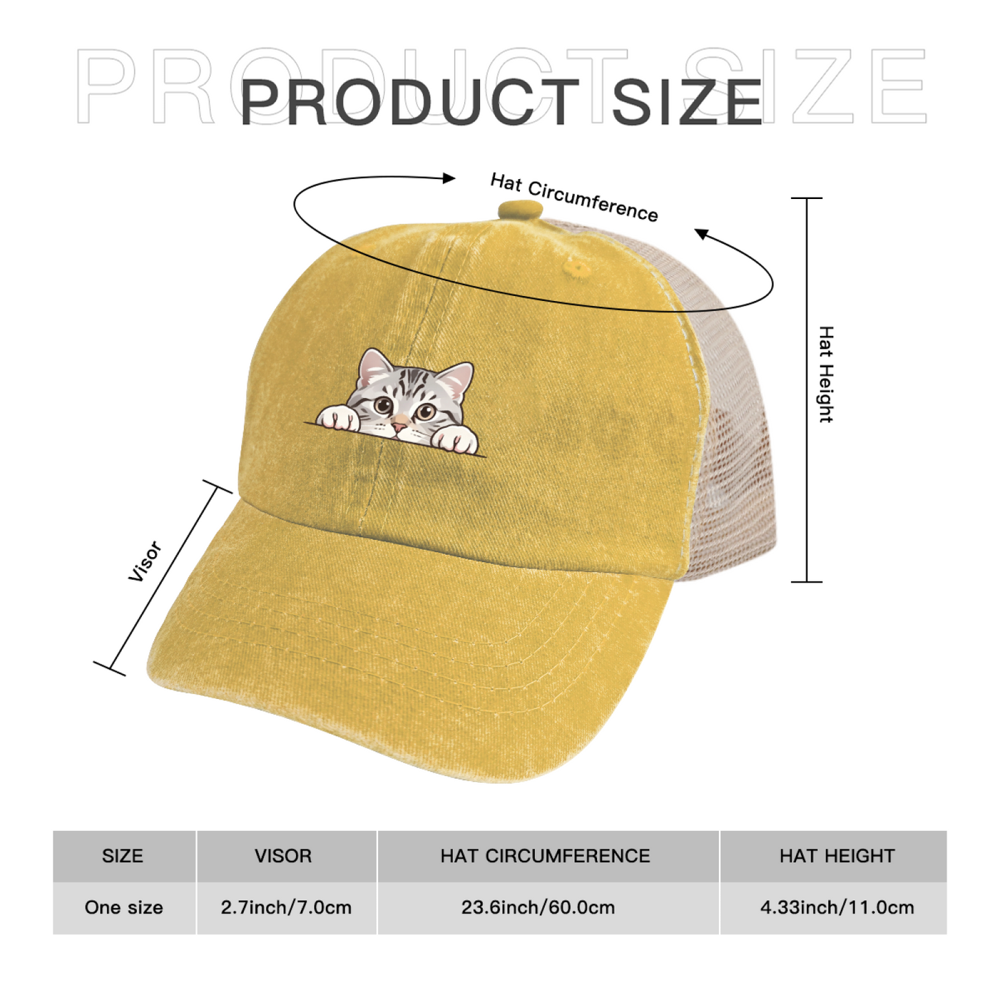 Peeking Tabby Cat Cute Cartoon Mustard Yellow Washed Mesh Trucker Hat, Pet Lover Casual Vintage Cap