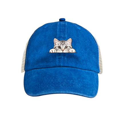 Peeking Tabby Cat Cute Cartoon Mustard Yellow Washed Mesh Trucker Hat, Pet Lover Casual Vintage Cap