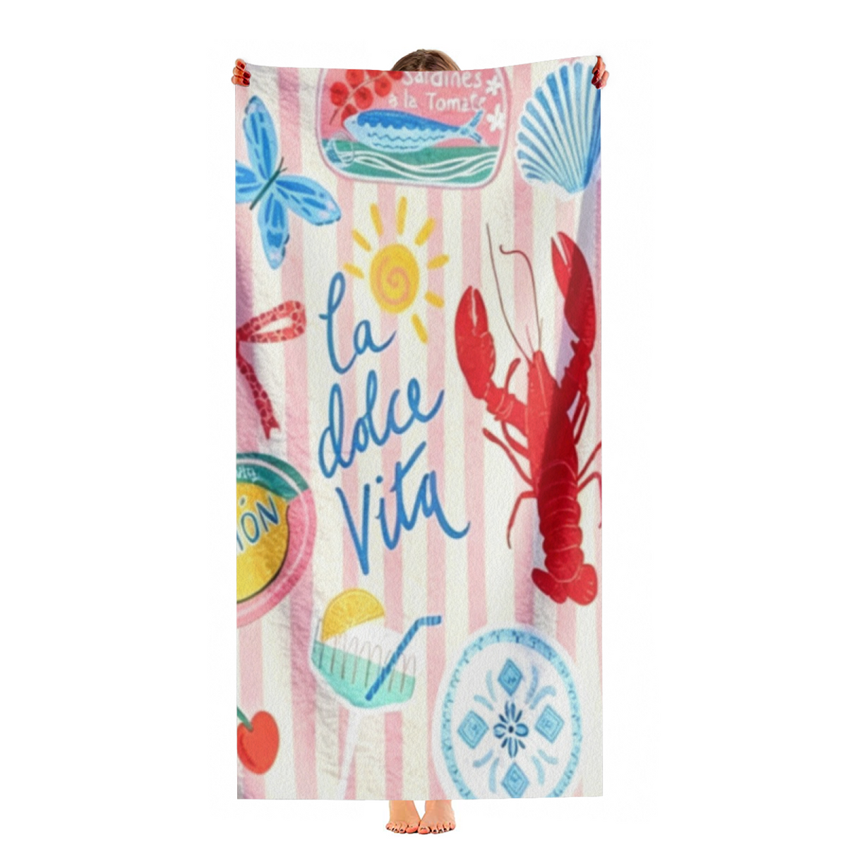 Mediterranean La Dolce Vita Lobster Summer Collage Beach Towel, Multiple Length Versions, Cloud?Like Soft, Fast Dry & Highly Absorbent for European Style Beach Vacation