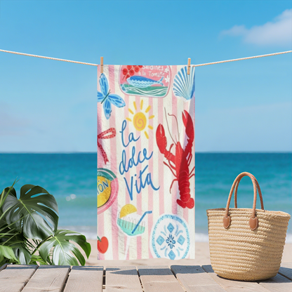 Mediterranean La Dolce Vita Lobster Summer Collage Beach Towel, Multiple Length Versions, Cloud?Like Soft, Fast Dry & Highly Absorbent for European Style Beach Vacation