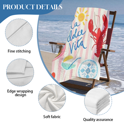 Mediterranean La Dolce Vita Lobster Summer Collage Beach Towel, Multiple Length Versions, Cloud?Like Soft, Fast Dry & Highly Absorbent for European Style Beach Vacation