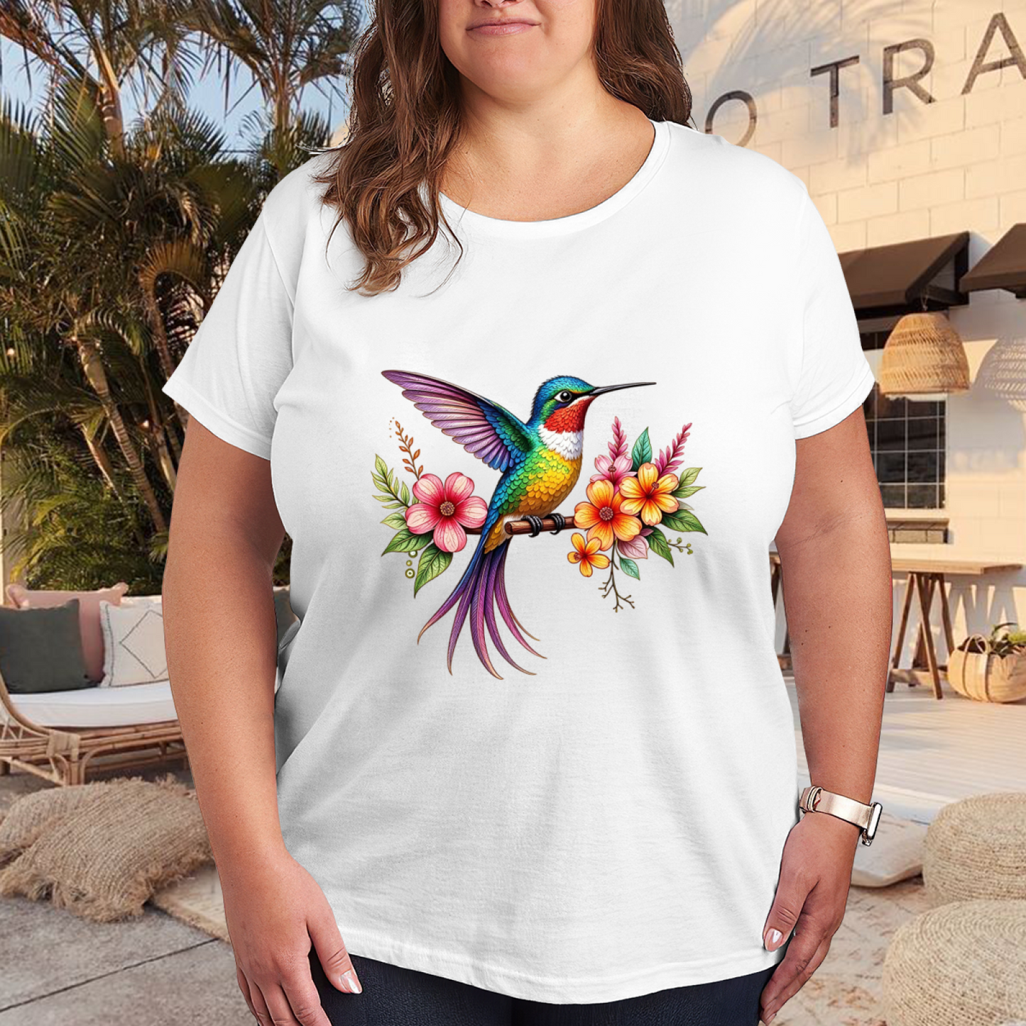 Colorful Hummingbird Tropical Flowers Plus Size Tee