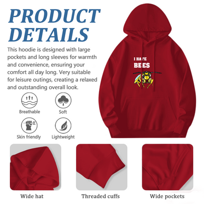 Funny I Hate Bees Wasp Graphic Red Hoodie, Breathable Comfort Casual Top