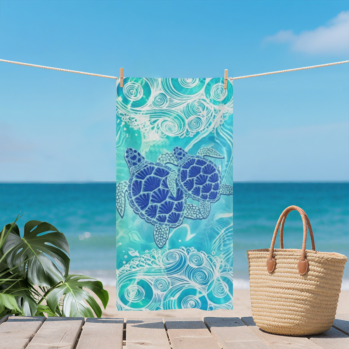 Aesthetic Blue Wave Pattern Sea Turtle Beach Towel, Silky Soft & Highly Absorbent, Diverse Sizes Offered, Comfortable Skin?Friendly Swim Towel for Ocean Lovers