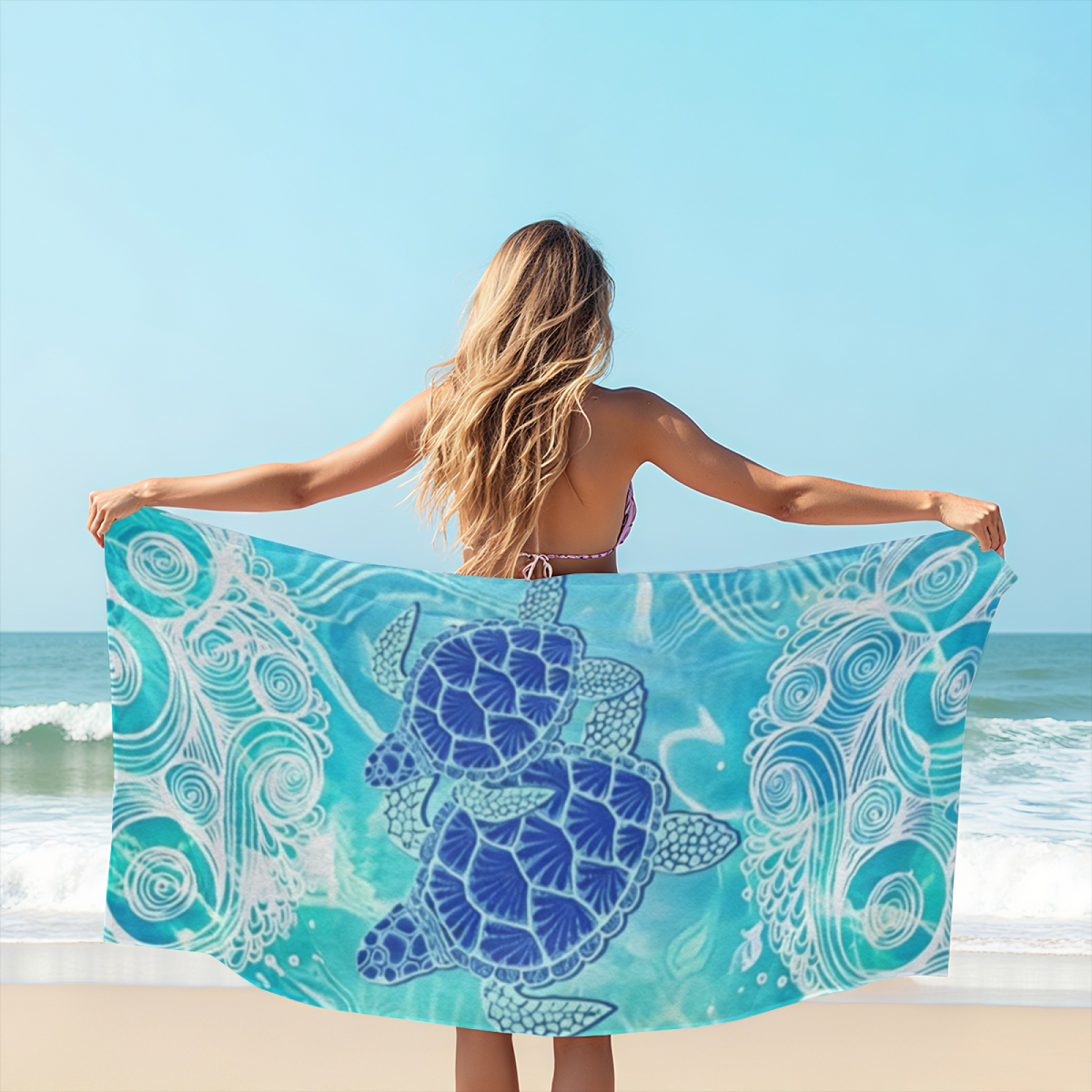 Aesthetic Blue Wave Pattern Sea Turtle Beach Towel, Silky Soft & Highly Absorbent, Diverse Sizes Offered, Comfortable Skin?Friendly Swim Towel for Ocean Lovers