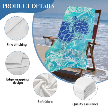 Aesthetic Blue Wave Pattern Sea Turtle Beach Towel, Silky Soft & Highly Absorbent, Diverse Sizes Offered, Comfortable Skin?Friendly Swim Towel for Ocean Lovers
