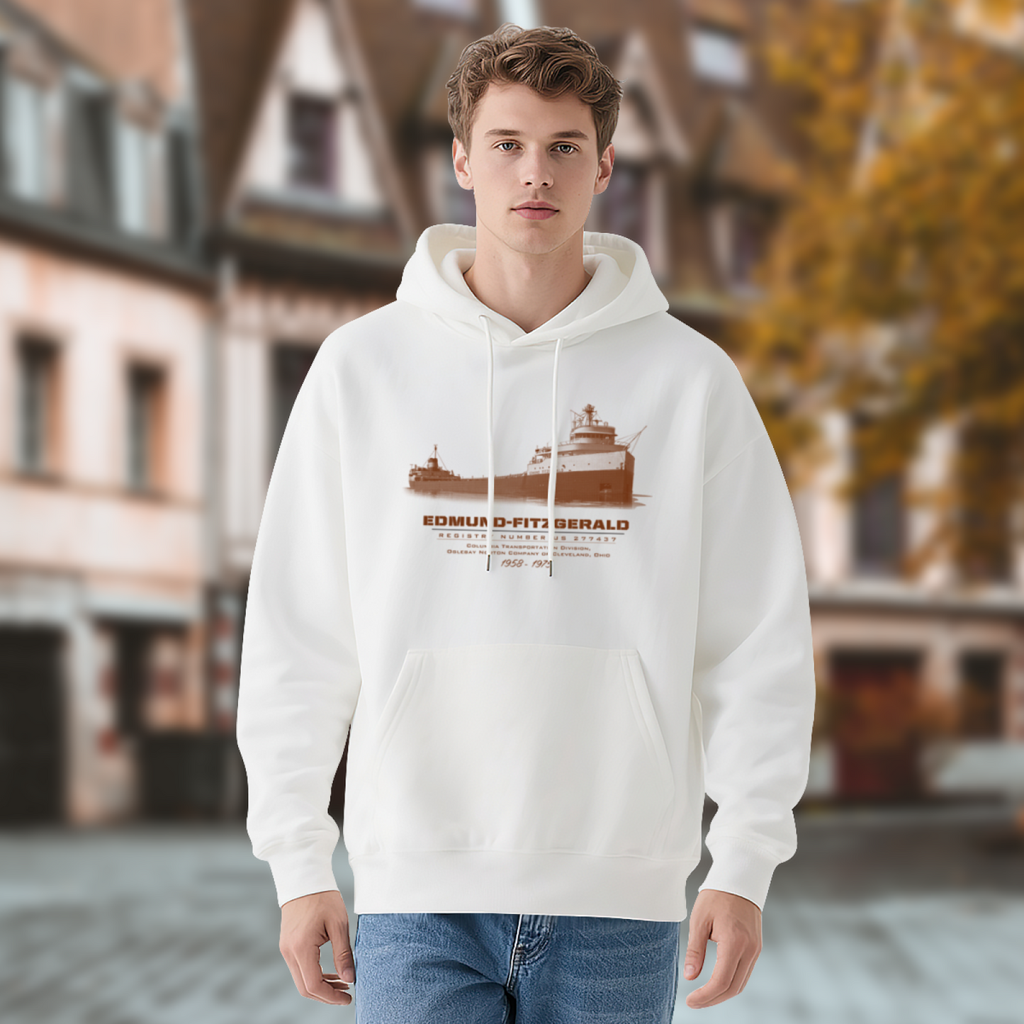Vintage Edmund Fitzgerald Ship Print Hoodie, Nautical Style Comfort Hooded Top