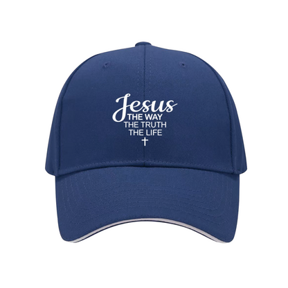 Jesus The Way Truth Life Cross Navy Sandwich Brim Baseball Cap, Religious Believer Gift Hat