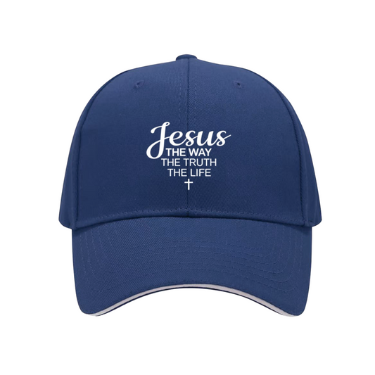 Jesus The Way Truth Life Cross Navy Sandwich Brim Baseball Cap, Religious Believer Gift Hat
