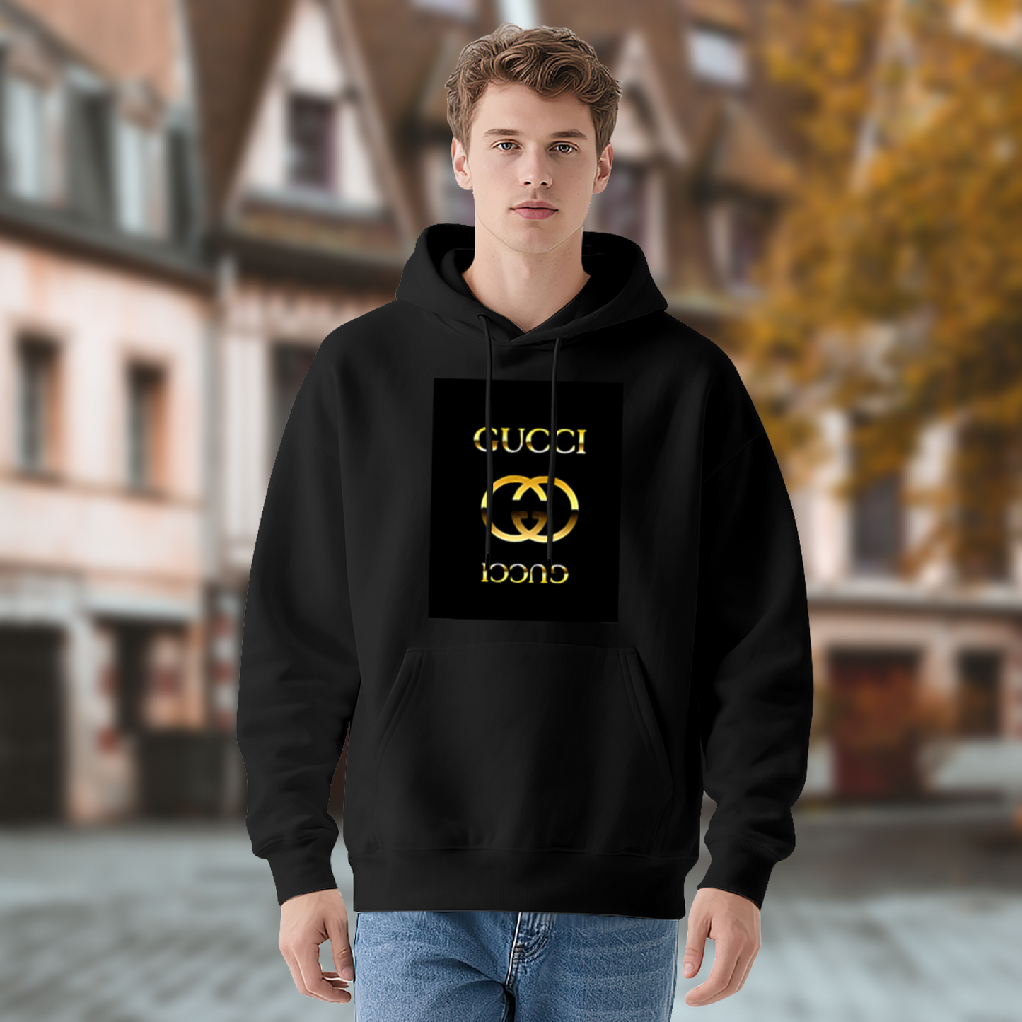 Luxury Gold Double GG Logo Black Men¡¯s Hoodie