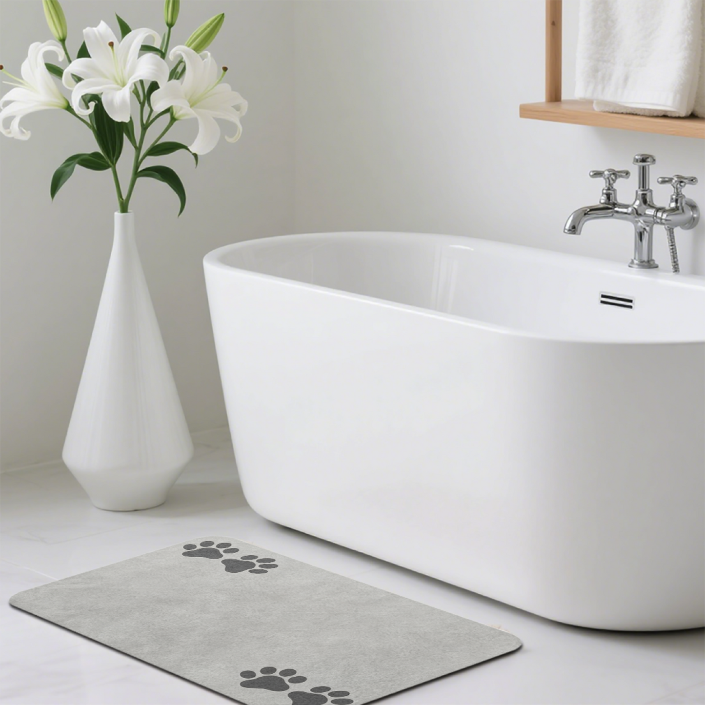 Light Grey Minimal Paw Accent Diatom Mat | Neutral Silicone Non-Slip Bathroom Doormat
