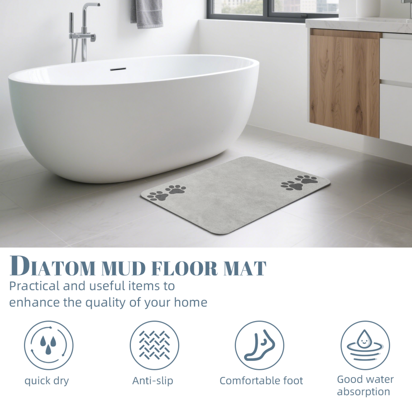 Light Grey Minimal Paw Accent Diatom Mat | Neutral Silicone Non-Slip Bathroom Doormat