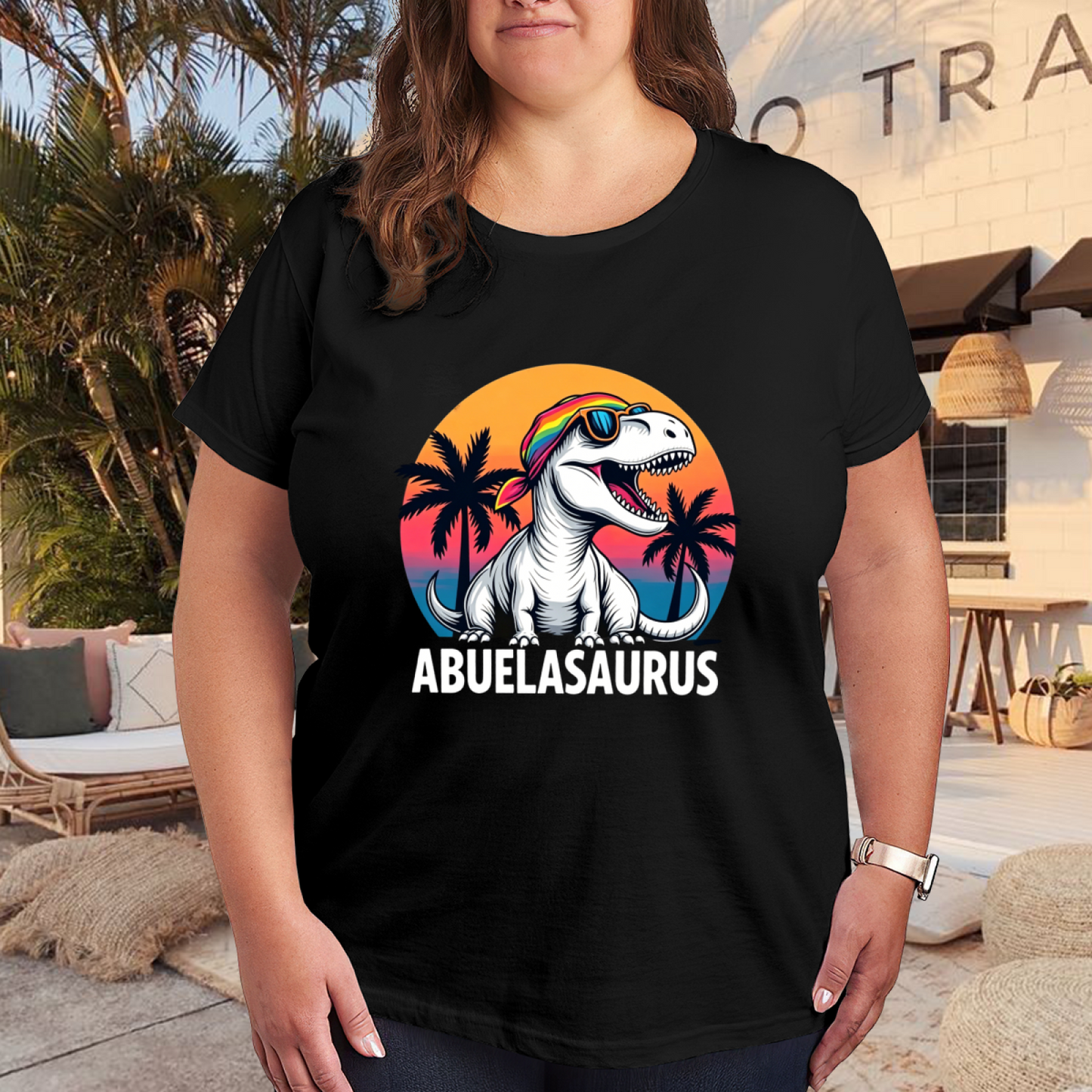 Cool Open Mouth Abuelasaurus Retro Sunset Dinosaur Tee
