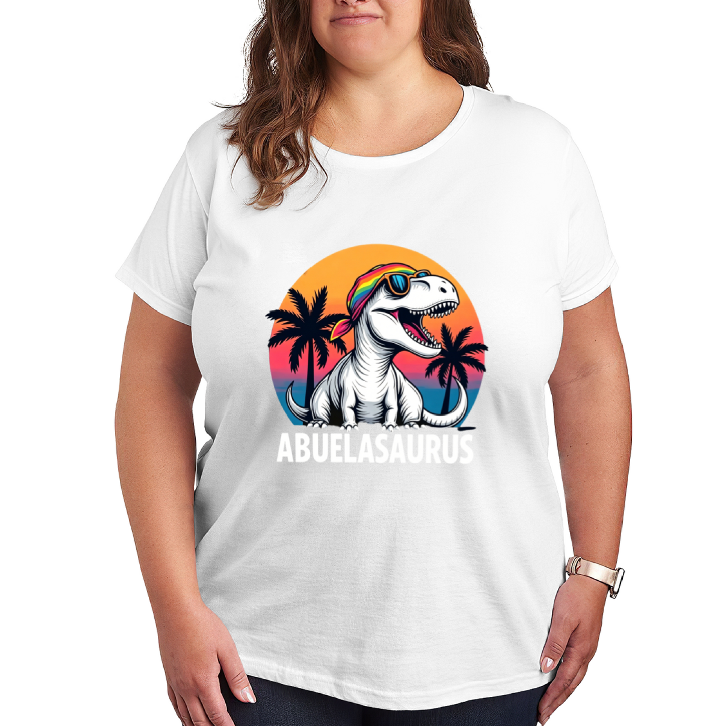 Cool Open Mouth Abuelasaurus Retro Sunset Dinosaur Tee