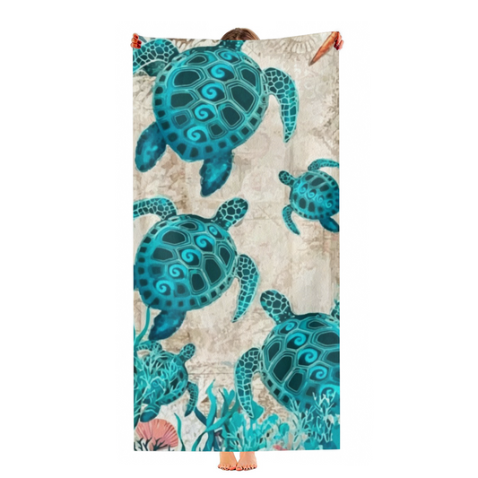 Vintage Underwater Sea Turtle Coral Print Beach Towel, Full Size Range, Luxuriously Soft, Fast Absorbing & Snug for Beach Sunbathing & Travel