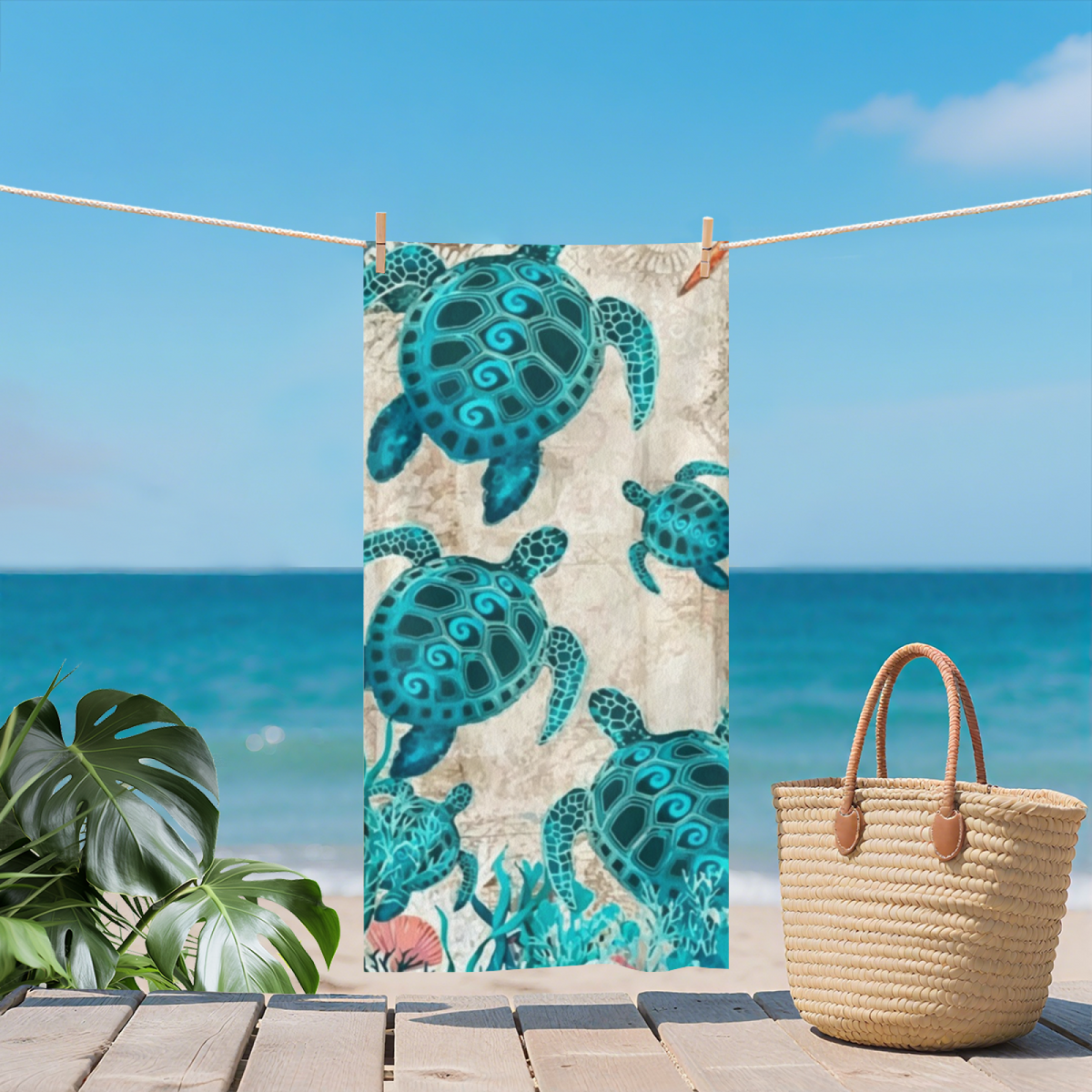 Vintage Underwater Sea Turtle Coral Print Beach Towel, Full Size Range, Luxuriously Soft, Fast Absorbing & Snug for Beach Sunbathing & Travel