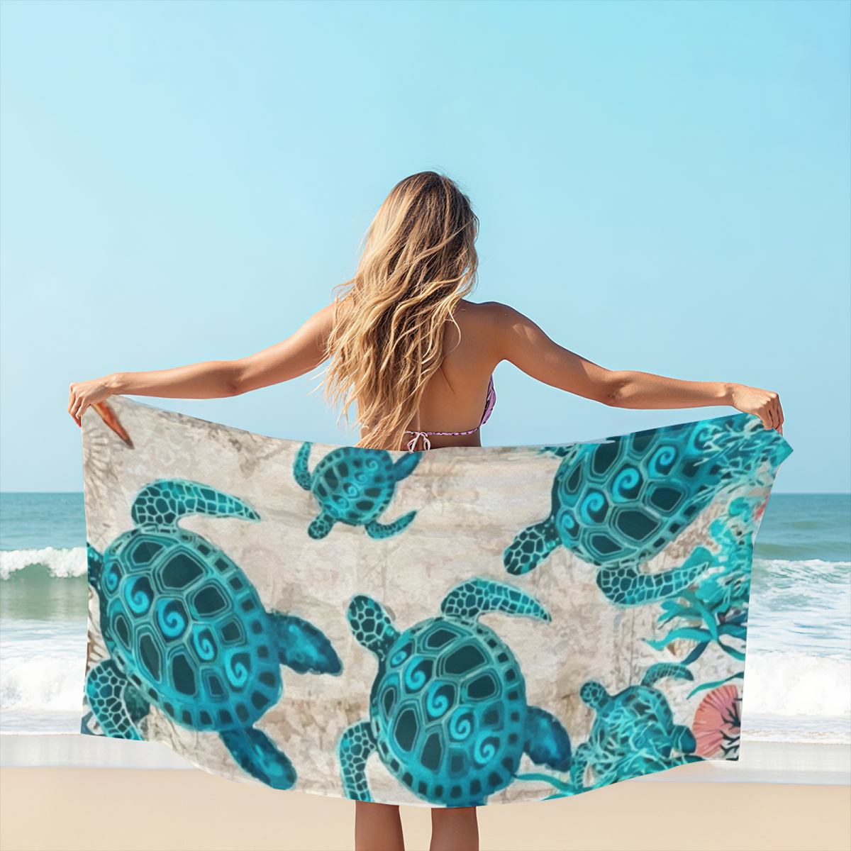 Vintage Underwater Sea Turtle Coral Print Beach Towel, Full Size Range, Luxuriously Soft, Fast Absorbing & Snug for Beach Sunbathing & Travel