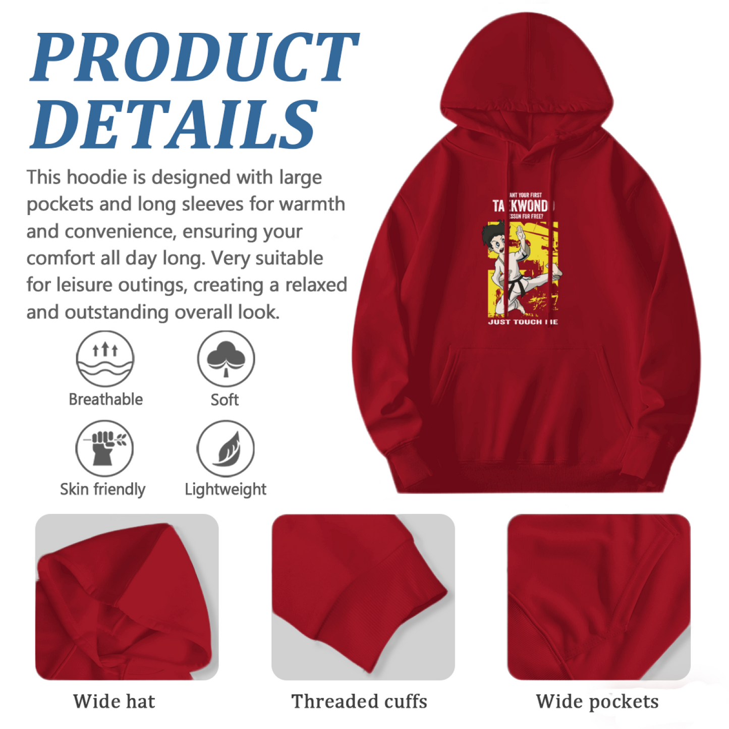 Taekwondo Cartoon Red Men¡¯s Hoodie, Warm Comfortable Fit