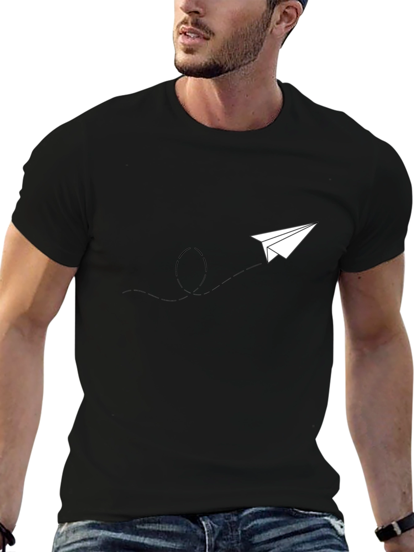 Mens Black Graphic Tee - Paper Airplane Design