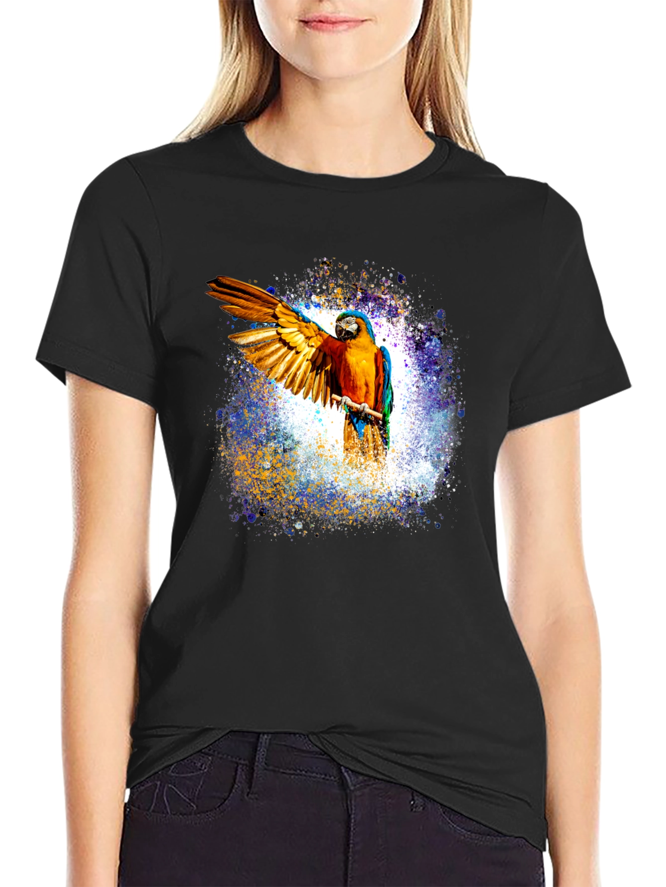 Macaw Parrot Graphic Black T-Shirt