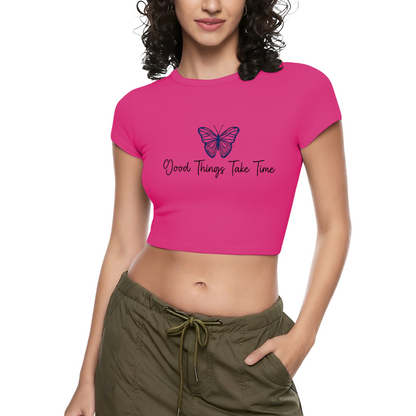 Blue Butterfly Good Things Take Time White Crop Top