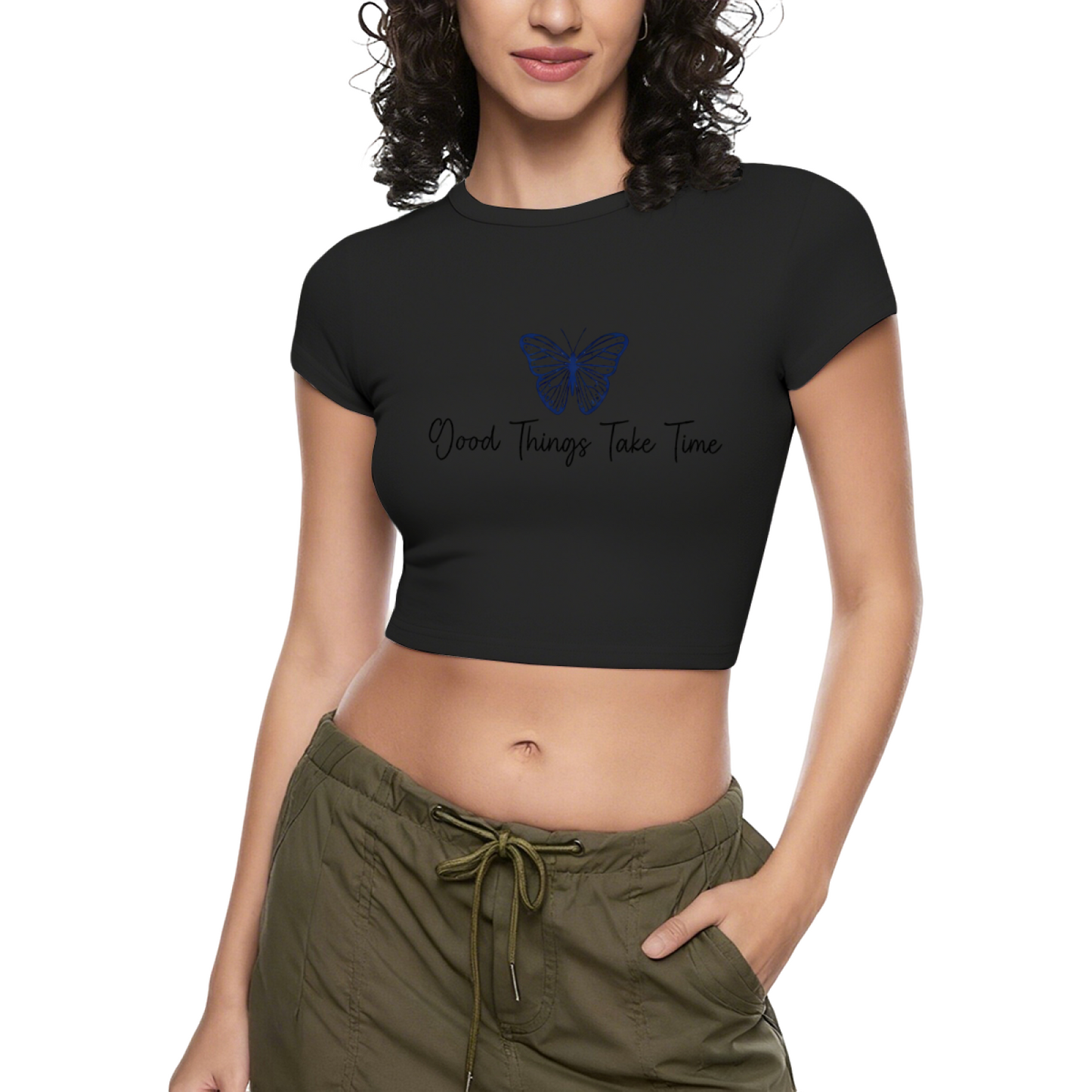 Blue Butterfly Good Things Take Time White Crop Top