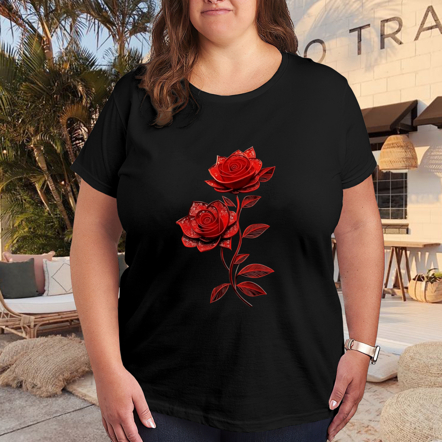Elegant Dual Red Rose Dark Background Plus Size Ladies Tee