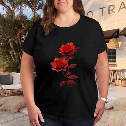 Elegant Dual Red Rose Dark Background Plus Size Ladies Tee
