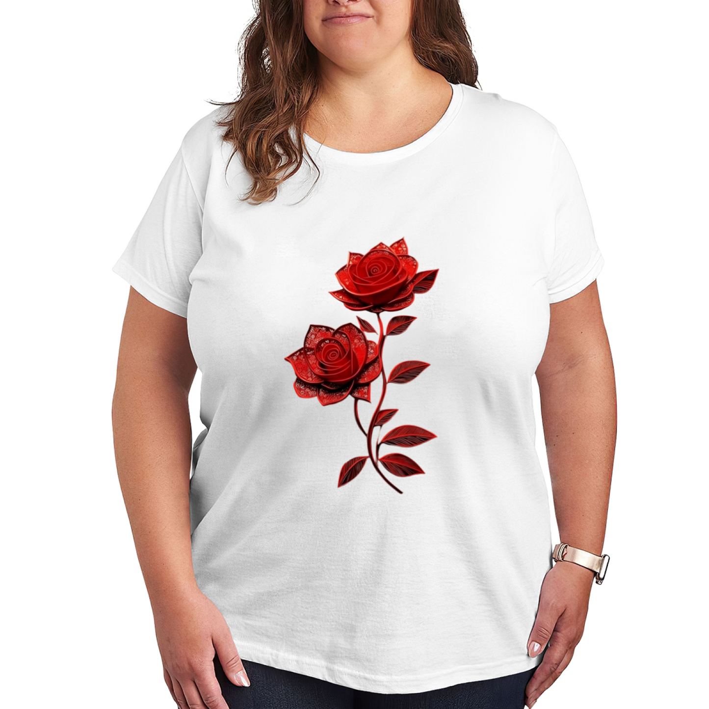 Elegant Dual Red Rose Dark Background Plus Size Ladies Tee