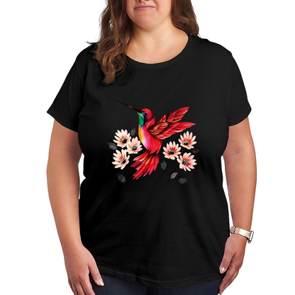 Bright Red Hummingbird Peach Floral Vintage Print Plus Size Women¡¯s Tee