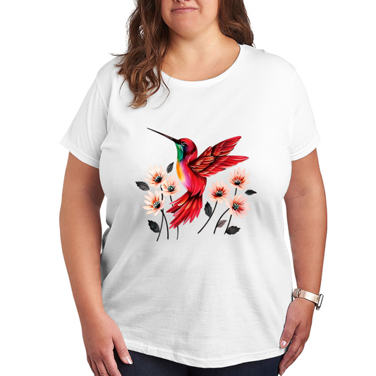 Bright Red Hummingbird Peach Floral Vintage Print Plus Size Women¡¯s Tee