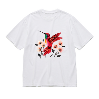 Bright Red Hummingbird Peach Floral Vintage Print Plus Size Women¡¯s Tee
