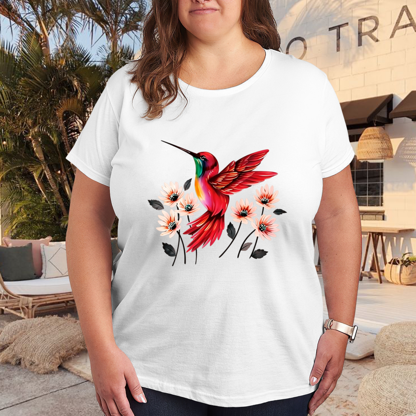 Bright Red Hummingbird Peach Floral Vintage Print Plus Size Women¡¯s Tee